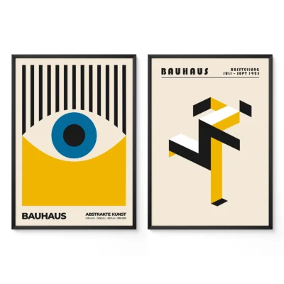 Mid century modern art prints set with abstract Bauhaus designs in yellow, black, and blue.
