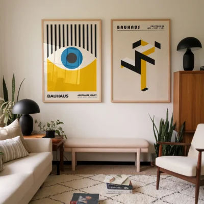 Framed Bauhaus posters styled above a modern beige sofa in a cozy living room.