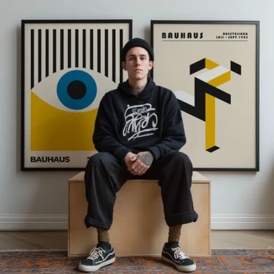 Bauhaus prints in black frames behind a seated man in casual clothing.