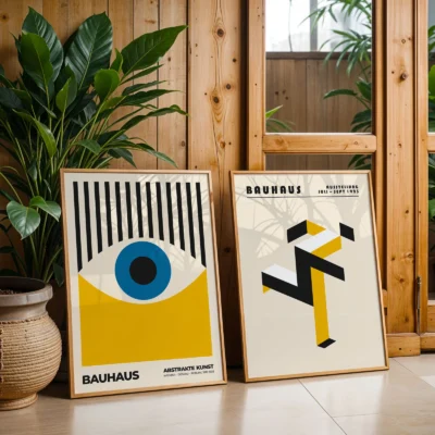 Bauhaus poster set with abstract shapes and eye motif, styled beside indoor plants.