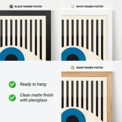 Framing options for Bauhaus art prints including black, white, and wood finishes.