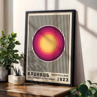Bauhaus poster 1923 near sunlight and plants in bright corner