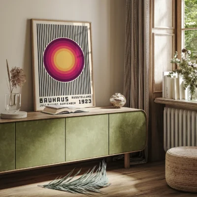 Bauhaus poster 1923 hanging above green sideboard in retro living room