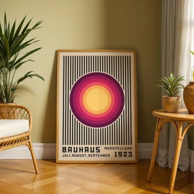 Bauhaus poster 1923 leaning near chair and plant in cozy corner