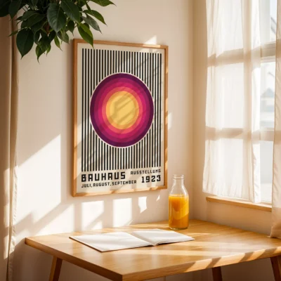Bauhaus poster 1923 on wall above table in sunlit breakfast nook