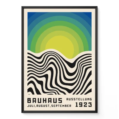 Vintage art print with green and blue gradient and wavy lines on white background