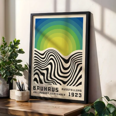 Vintage art print Bauhaus poster near plants and natural light