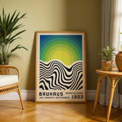 Vintage art print leaning by chair and plant in soft natural light