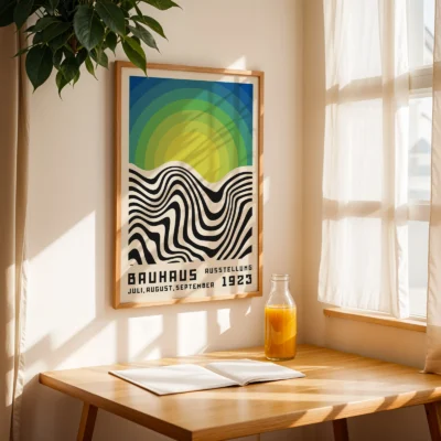 Vintage art print on wall near sunlit window above wooden table