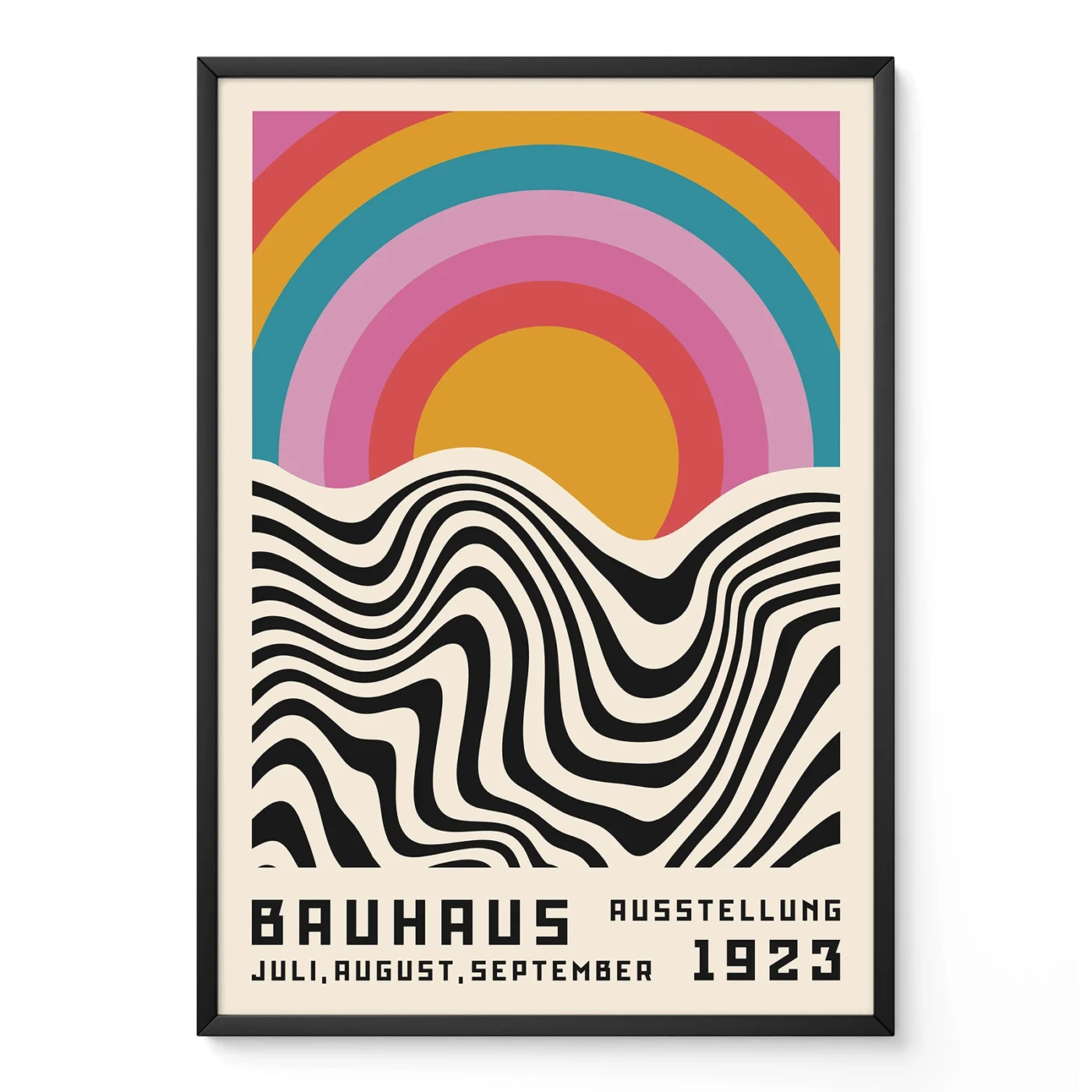 Retro style wall art with colorful Bauhaus arcs and black wave lines on white background