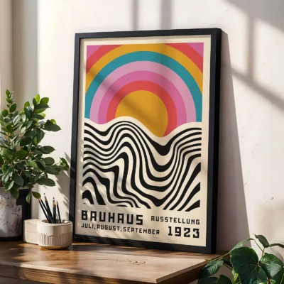 Retro style wall art Bauhaus print near plants with sunlit shadows