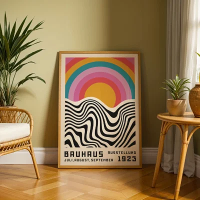 Retro style wall art near wooden chair and green plant in cozy corner