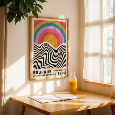 Retro style wall art above table by sunny window with juice glass