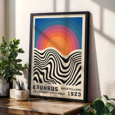 Vintage poster art print near plants and sunlight in cozy interior