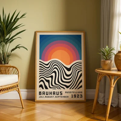 Vintage poster art print resting near chair and indoor plant