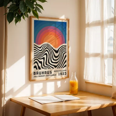Vintage poster art print on wall above table in sunny window corner