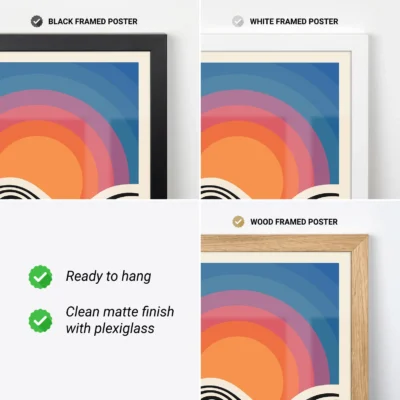 Vintage poster art print with black, white, and wood frame options