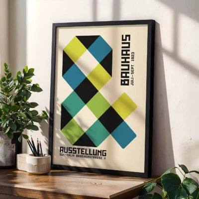 Retro art poster beside plants in softly lit modern interior