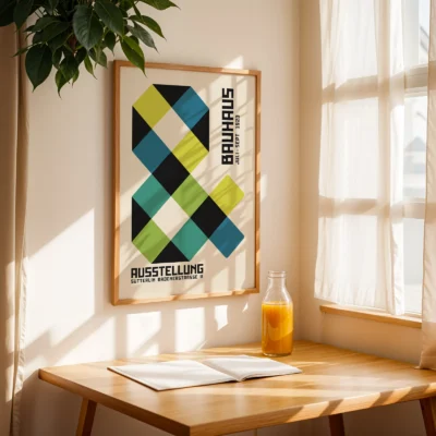 Retro art poster above desk in sunlit window nook