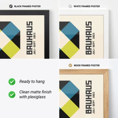 Retro art poster with frame options and product highlights