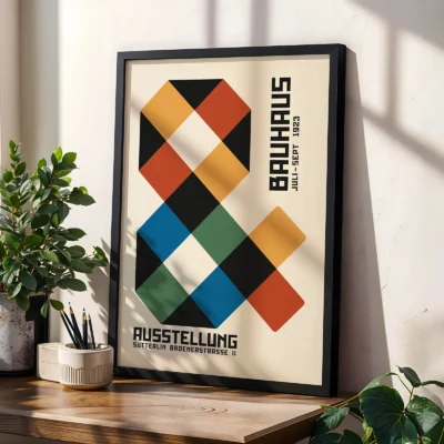 Retro wall art decor beside indoor plants in softly lit interior