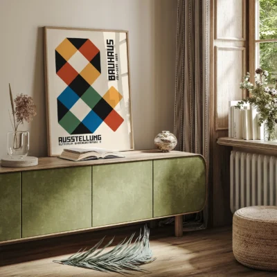 Retro wall art decor above green cabinet in vintage-inspired room