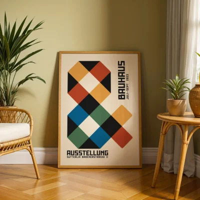 Retro wall art decor leaning beside chair and potted plant