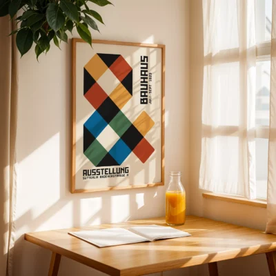 Retro wall art decor on wall above table in bright window nook