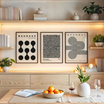 Bauhaus poster trio above shelf with ceramic vases and fresh oranges