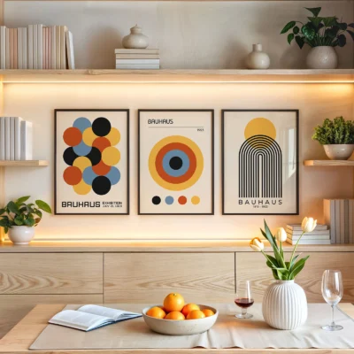 Bauhaus poster set above shelf with fruit, ceramics, and books