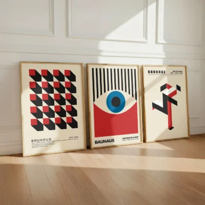 Freestanding Bauhaus art prints with eye and pattern motifs