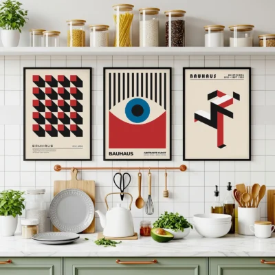Bauhaus art print trio with bold shapes above modern kitchen shelf
