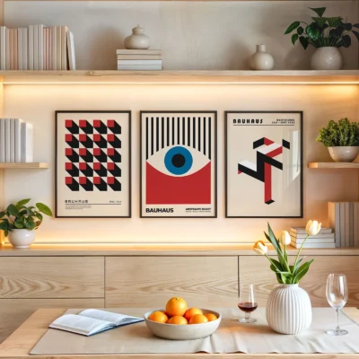 Geometric Bauhaus poster set above wooden shelf with fruit and books