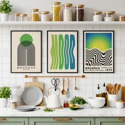 Green and blue Bauhaus mid century prints above modern kitchen shelves