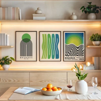 Mid century Bauhaus posters above wooden shelf with fruit and decor