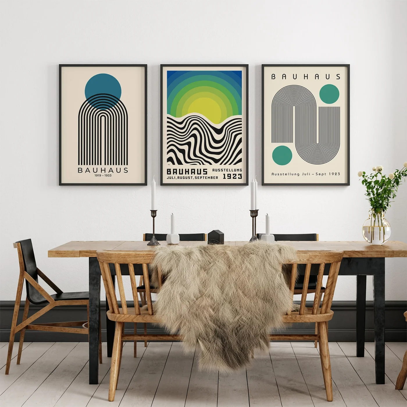 Mid century modern poster set in dining room with warm tones and wood