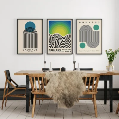 Mid century modern poster set in dining room with warm tones and wood
