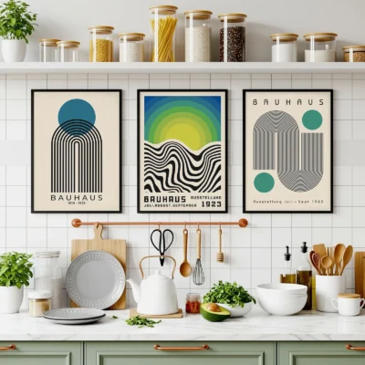 Bauhaus poster trio with curves and gradients above kitchen shelf