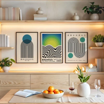 Mid century Bauhaus prints above wooden shelf with warm natural accents