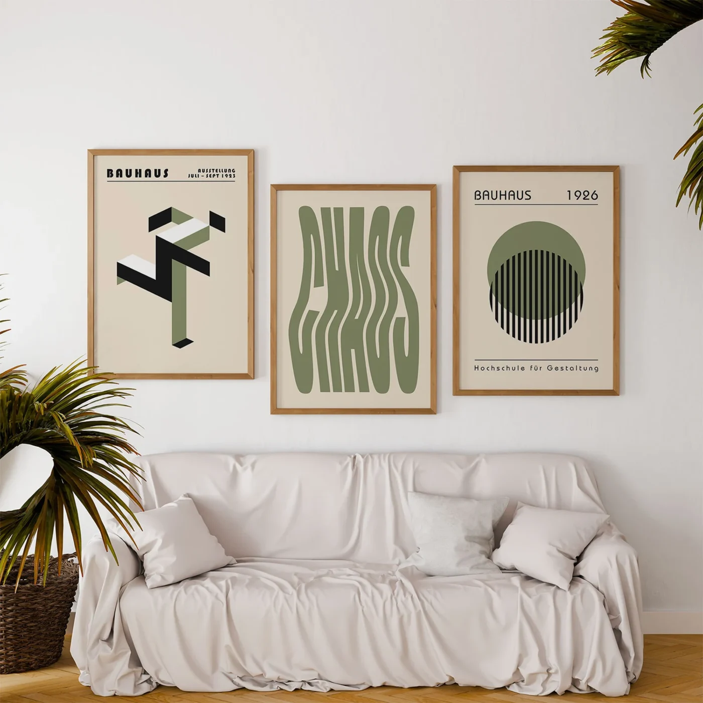 Set of 3 art prints with geometric Bauhaus designs in soft green tones