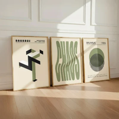 Freestanding Bauhaus poster set with abstract green designs