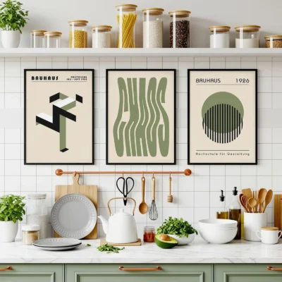 Bauhaus art prints in muted green tones above modern kitchen shelf