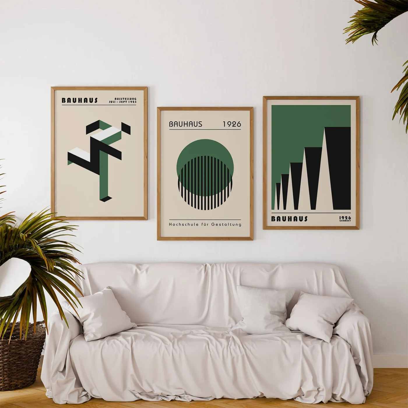 Modern Bauhaus print set of 3 with geometric shapes in green and black