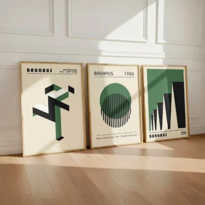 Freestanding Bauhaus print set leaning against wall with natural light