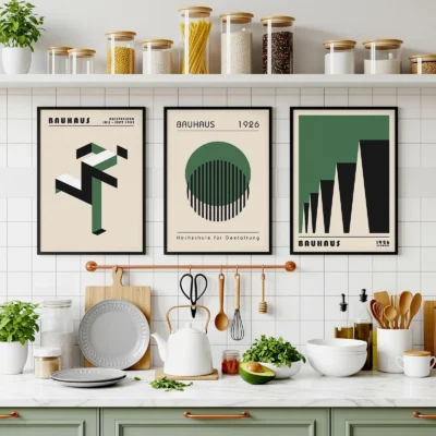 Green and black Bauhaus prints hung above kitchen shelves