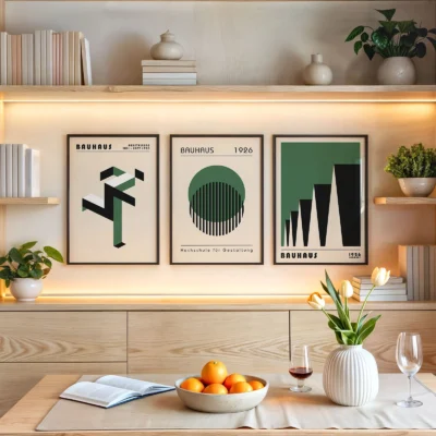 Bauhaus posters with green geometric art above wooden kitchen shelf