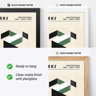 Close-up of green and black Bauhaus print in three frame options