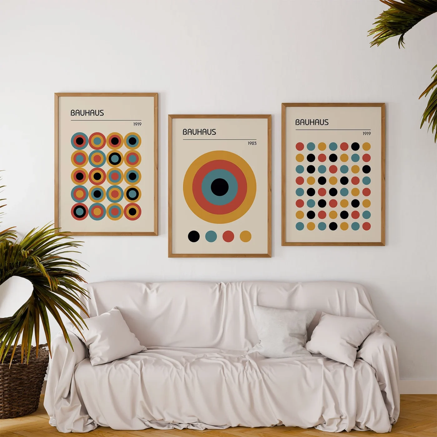 Mid century art print set with colorful Bauhaus dots and circular patterns