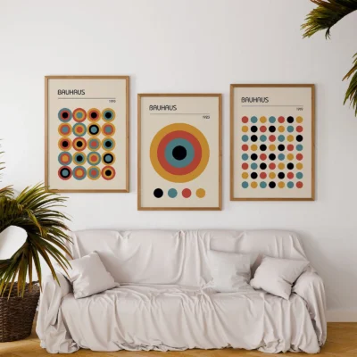 Mid century art print set with colorful Bauhaus dots and circular patterns