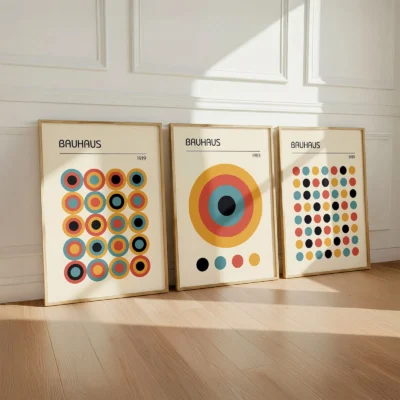 Freestanding Bauhaus poster set with mid century color palette